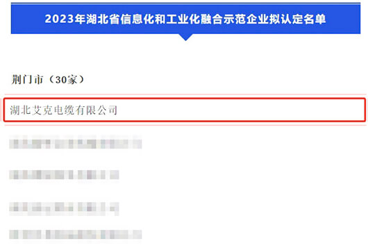 湖北艾克電纜上榜《2023年湖北省信息化和工業(yè)化融合示范企業(yè)》